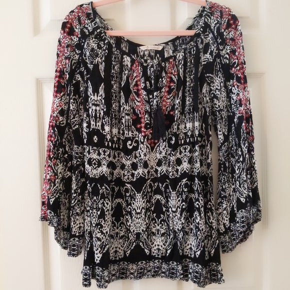 🔥Soft Surroundings Black White and Red Boho Tunic with Flare Sleeved Small - Picture 1 of 12